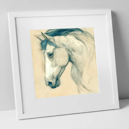 Quiet Grey Profile horse portrait art print in white frame