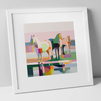 Geometric Equine Horizon horse landscape art print in white frame