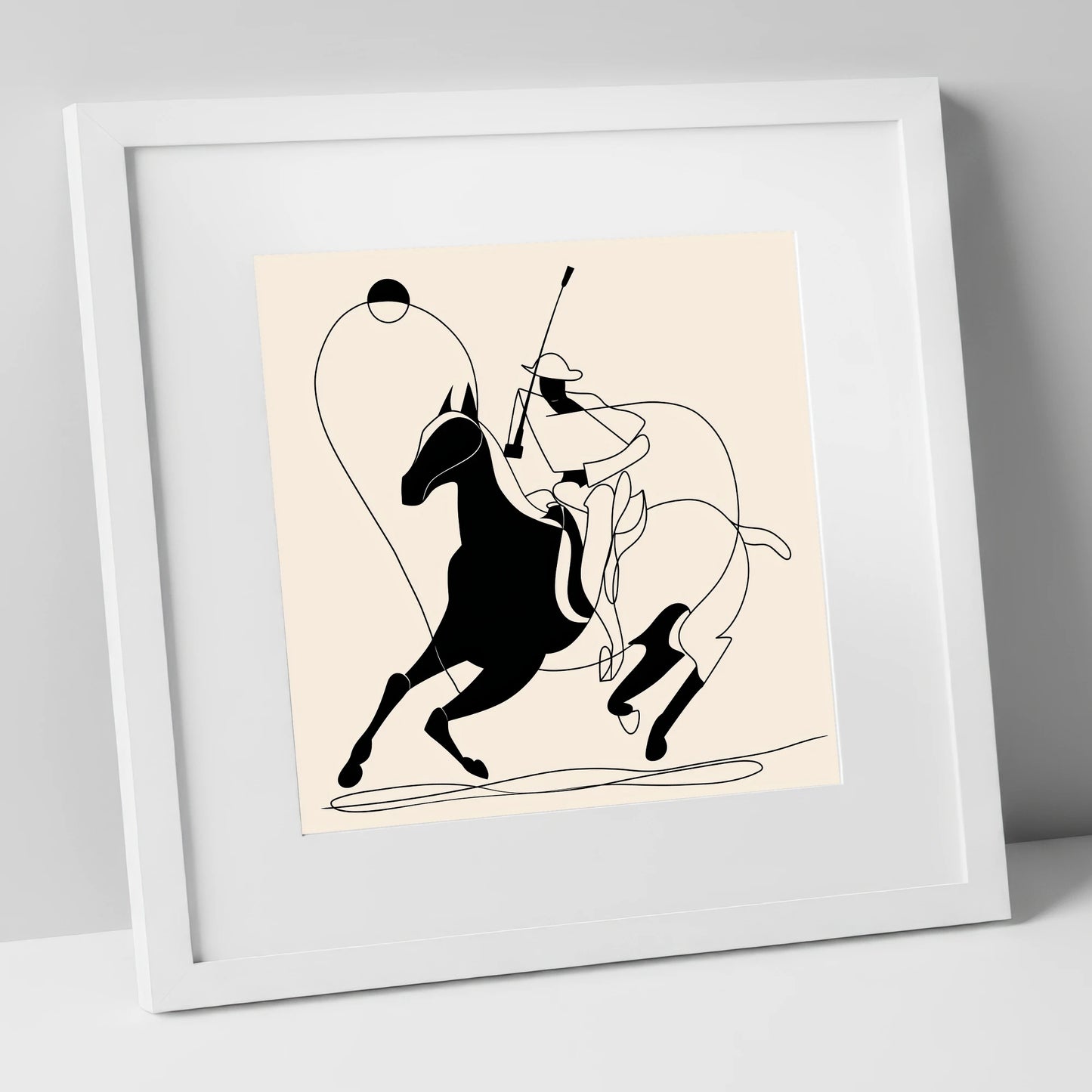 The Polo Swing polo horse art print in white frame