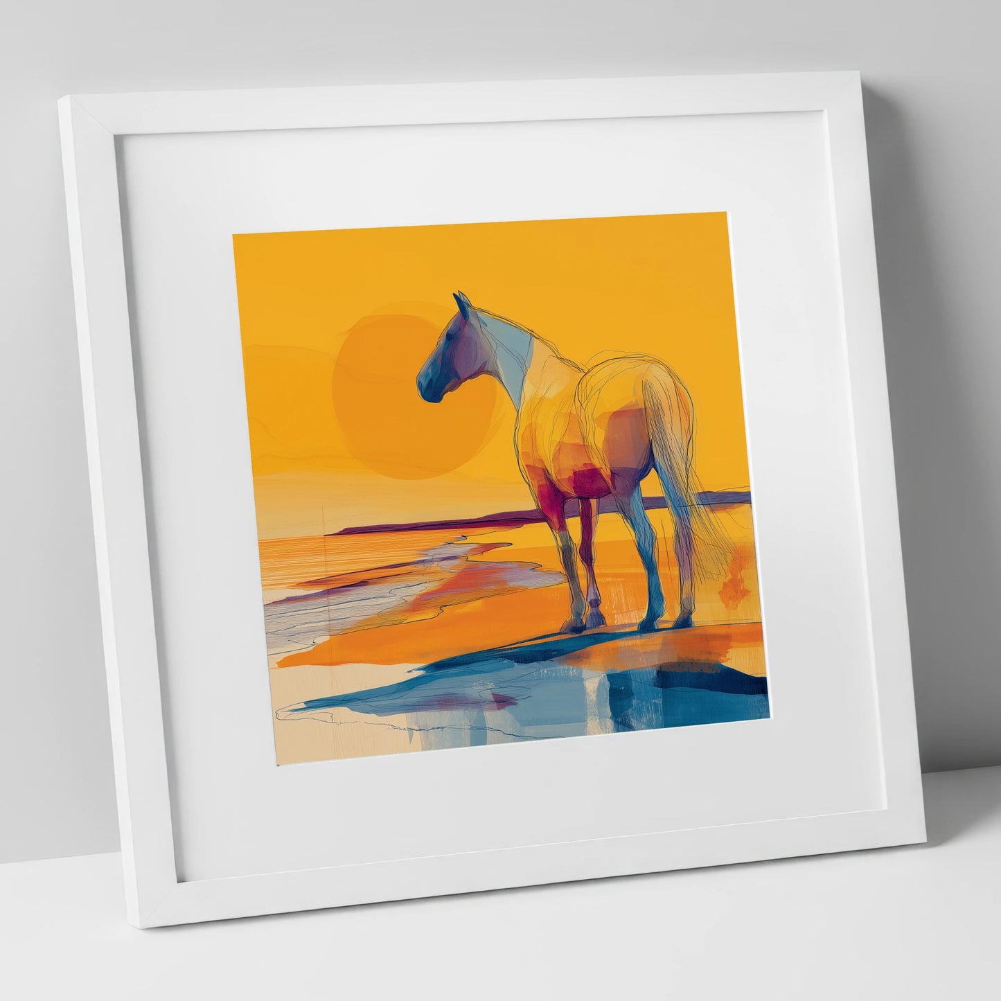 Golden Shoreline Silhouette horse landscape art print in white frame