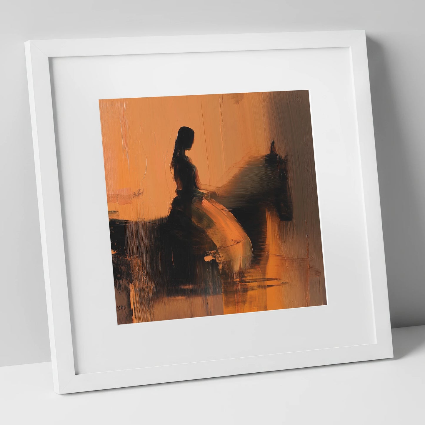 Elegance in Amber horse & rider art print in white frame