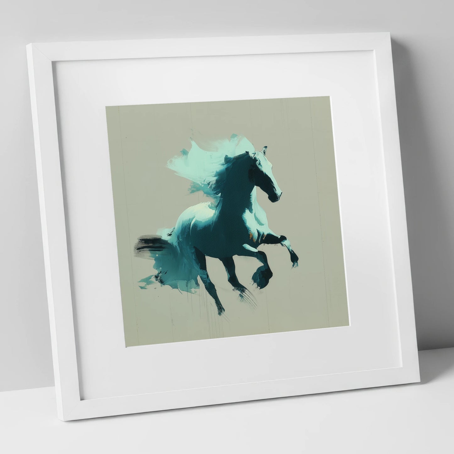 Dynamic Teal Stallion horse breed art print in white frame