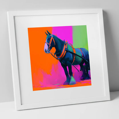 Neon Heavy Horse working horse art print in white frame