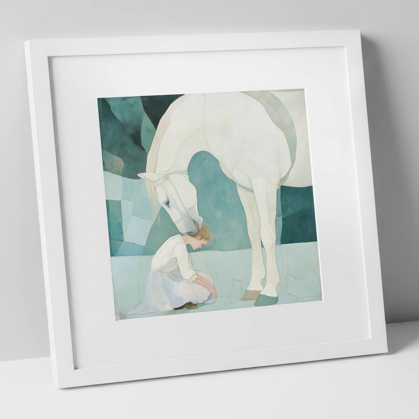 The Gentle Guardian horse & rider art print in white frame