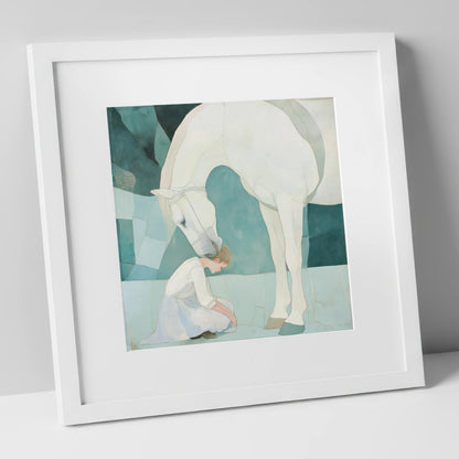 The Gentle Guardian horse & rider art print in white frame