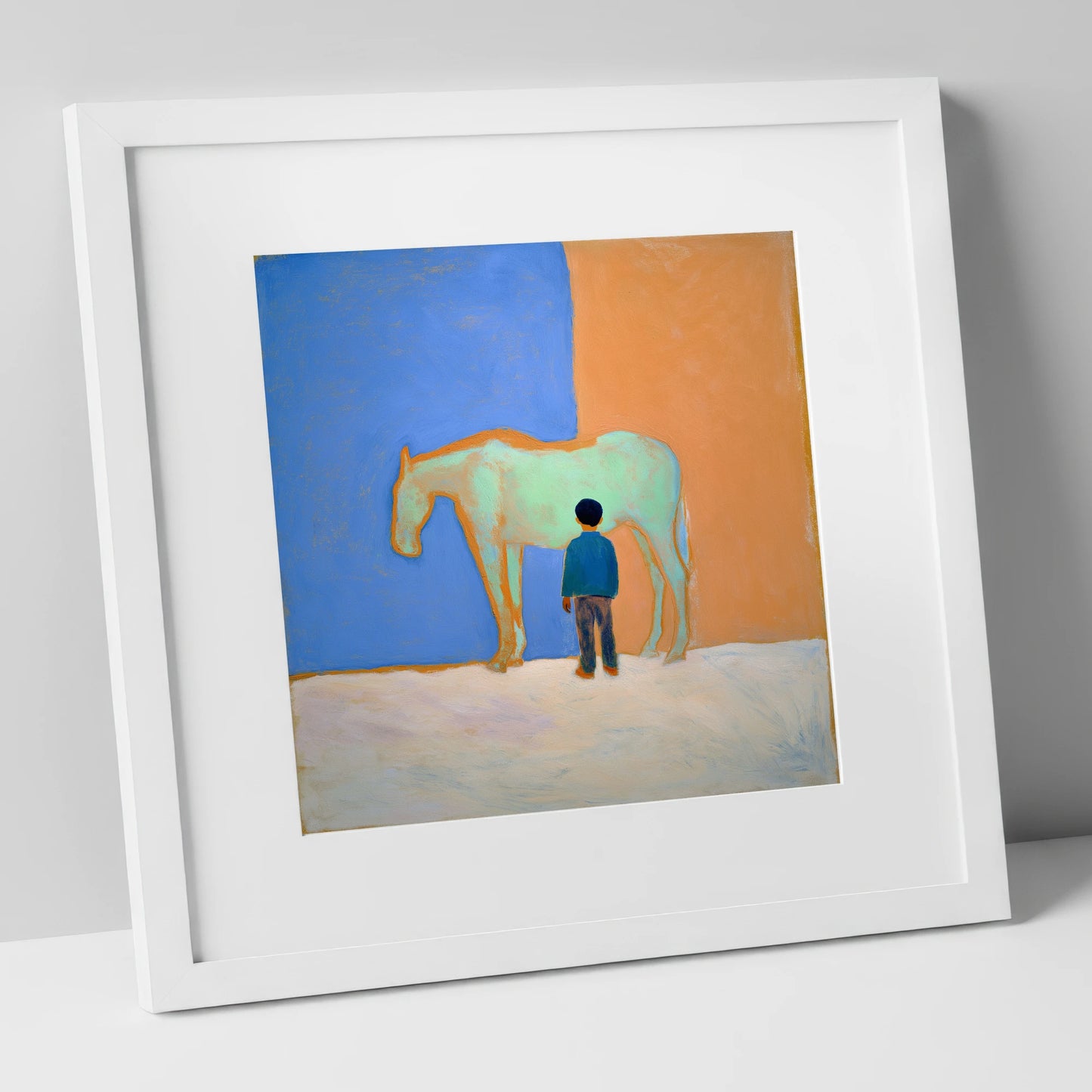 A Silent Understanding horse & rider art print in white frame