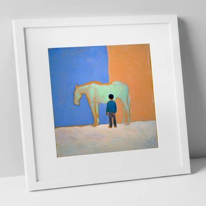 A Silent Understanding horse & rider art print in white frame