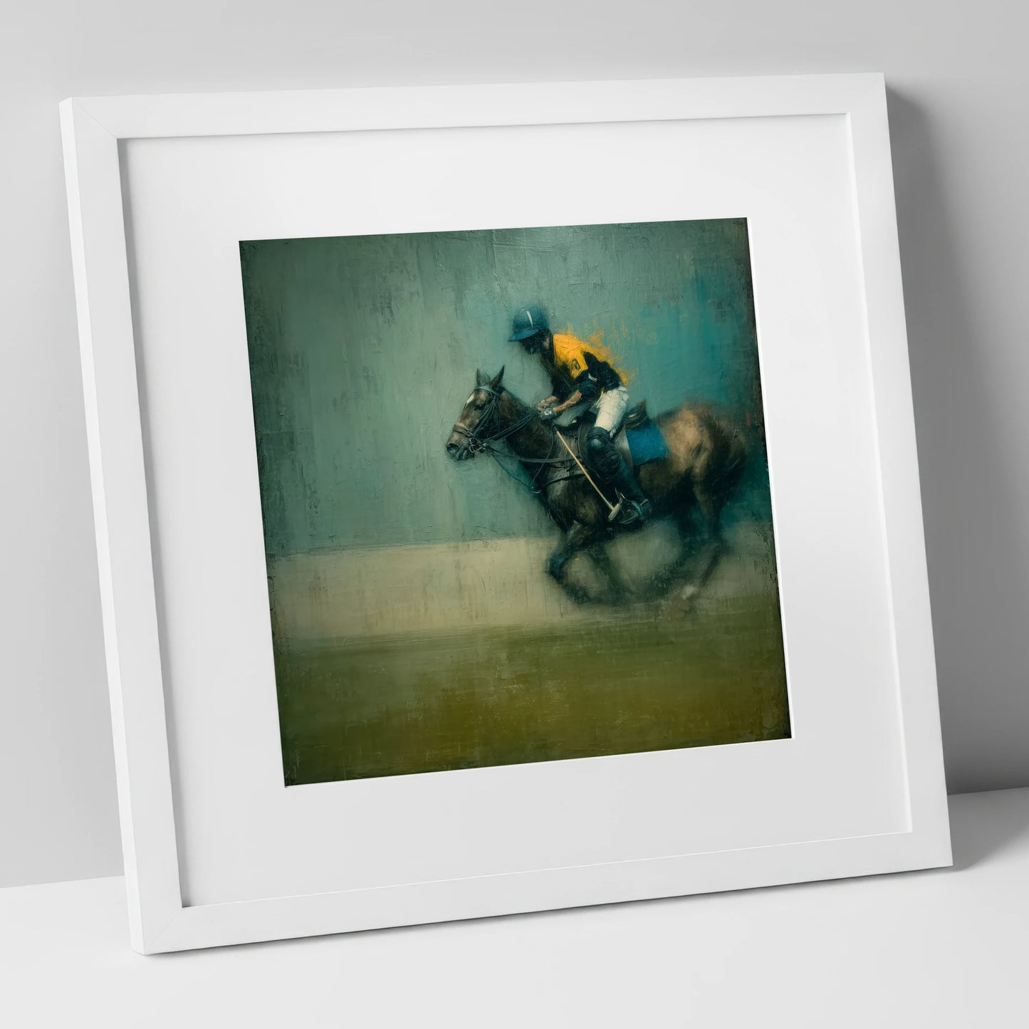 The Decisive Chukka polo horse art print in white frame