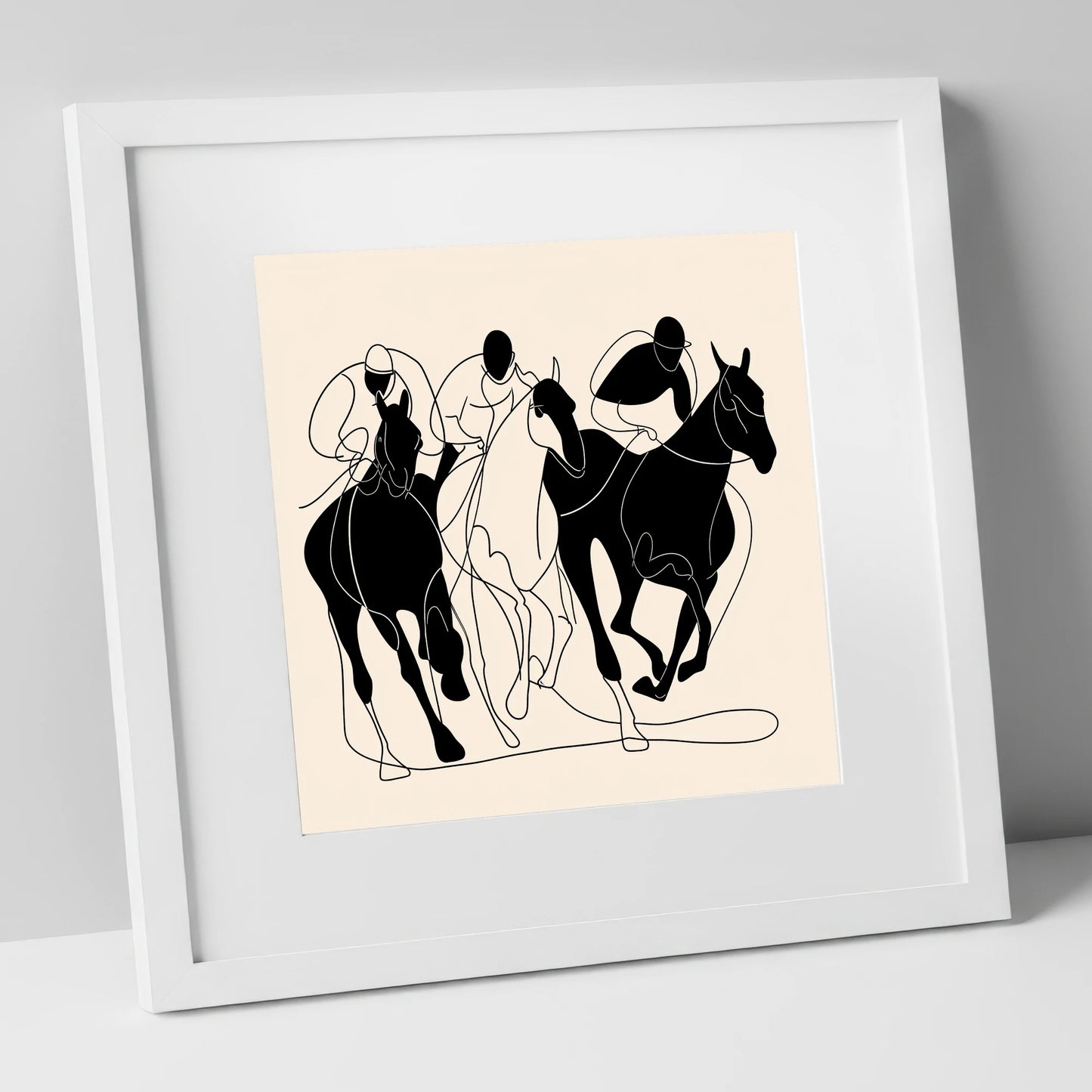 The Racing Line racing horse art print in white frame