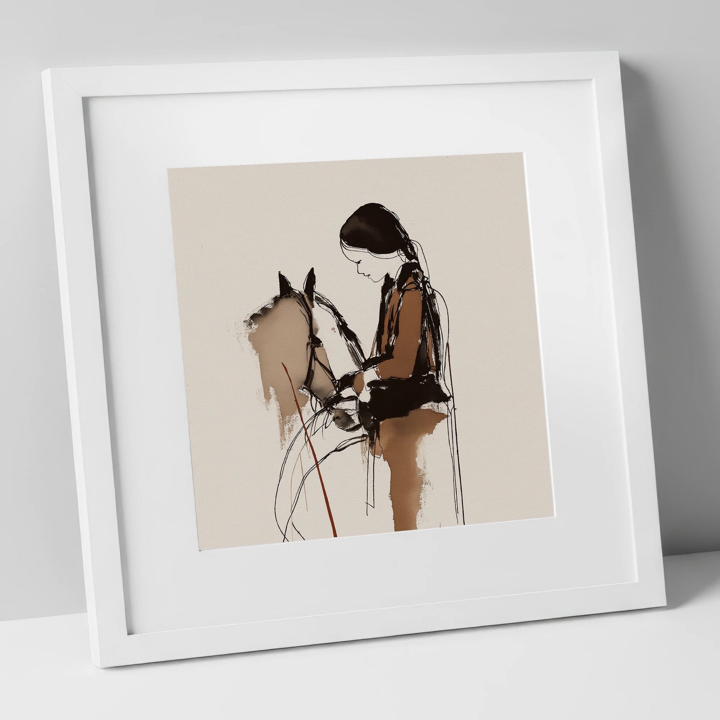 Silent Dialogue horse & rider art print in white frame