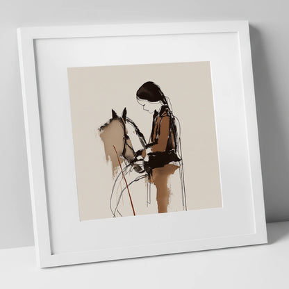 Silent Dialogue horse & rider art print in white frame