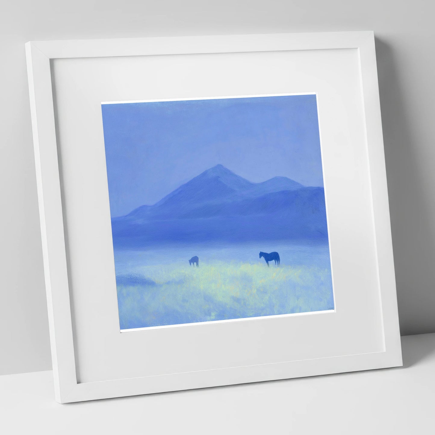 Azure Morning Mist horse landscape art print in white frame
