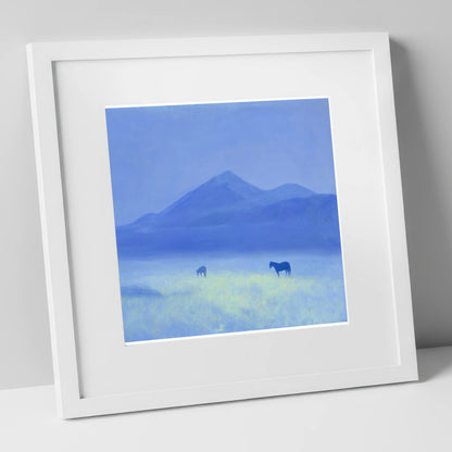 Azure Morning Mist horse landscape art print in white frame