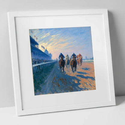 Thundering Towards Home racing horse art print in white frame