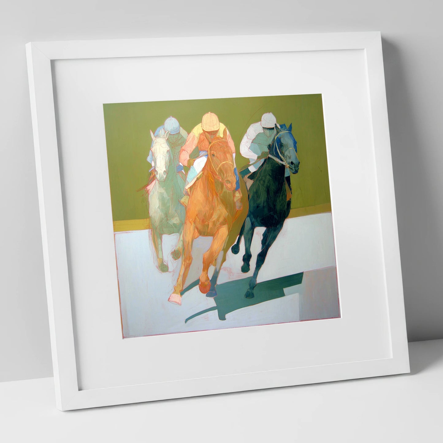 The Final Furlong racing horse art print in white frame
