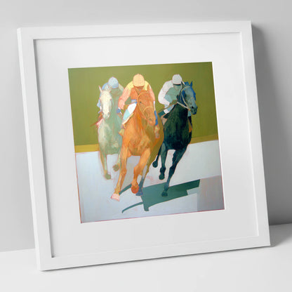 The Final Furlong racing horse art print in white frame
