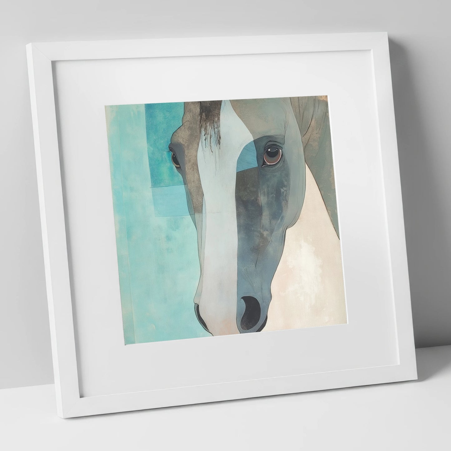 Modern Grey Gaze horse portrait art print in white frame