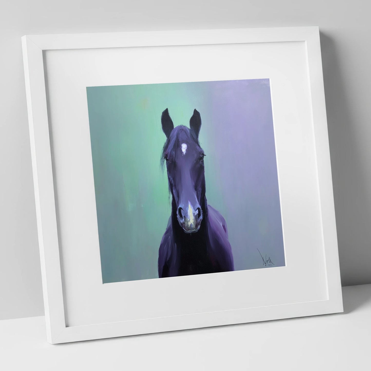 The Violet Gaze horse portrait art print in white frame