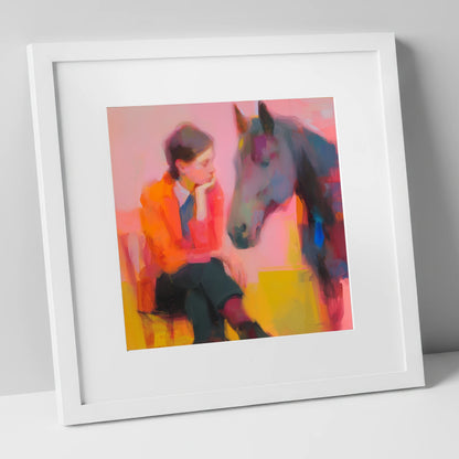 Vivid Connection horse & rider art print in white frame