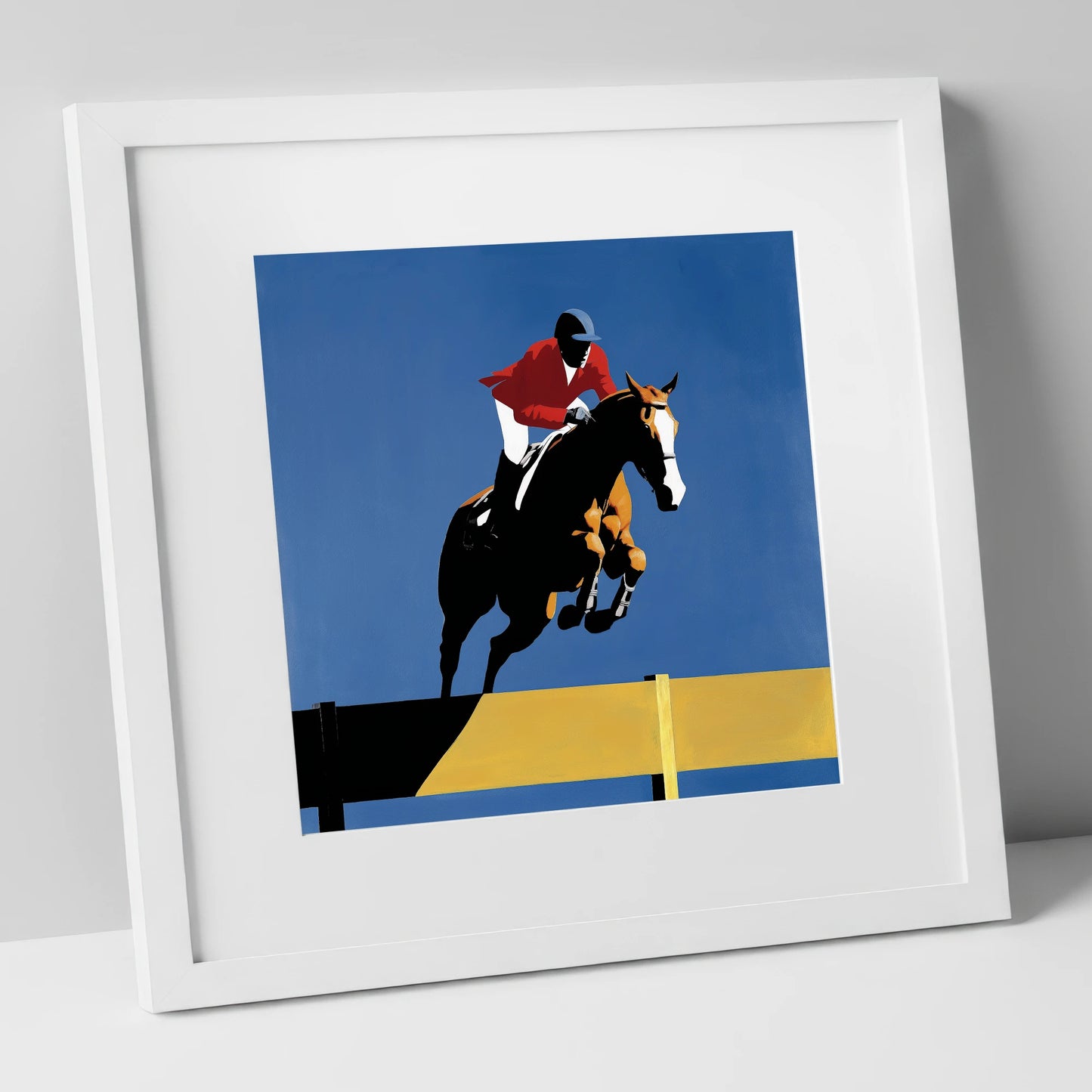 Suspended in Blue show jumping horse art print in white frame