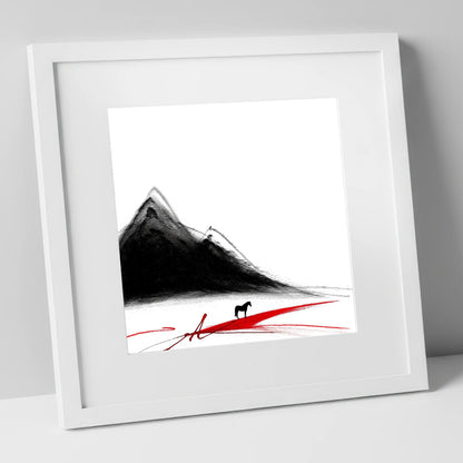 Crimson Path Silhouette horse landscape art print in white frame