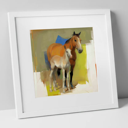 Modern Golden Bond mare & foal art print in white frame