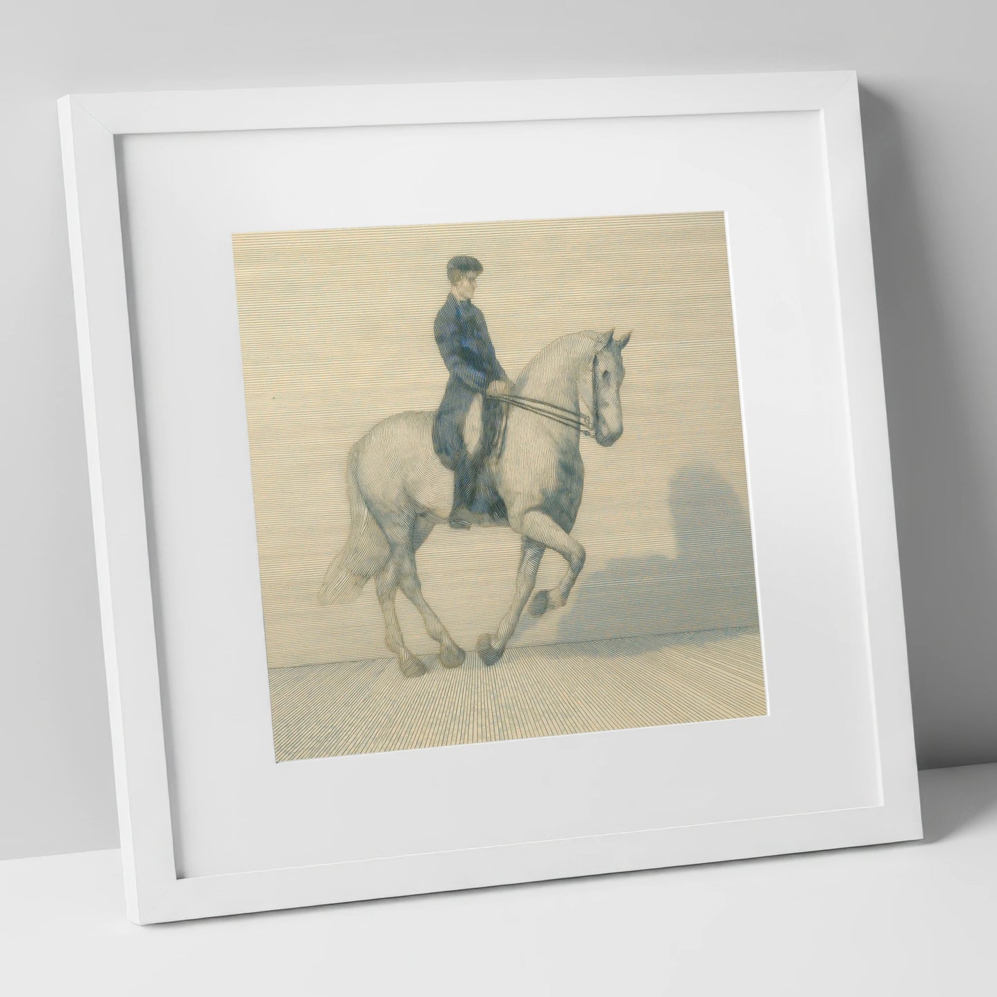 Structured Harmony dressage horse art print in white frame