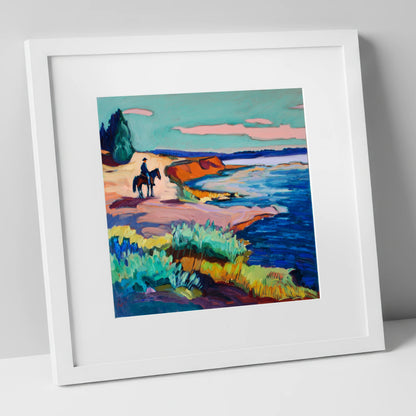 Vivid Coastal Hack beach horse art print in white frame