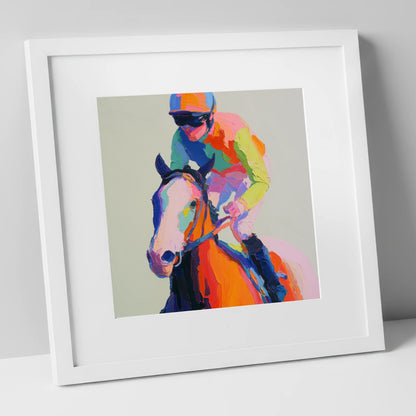The Vibrant Sprint racing horse art print in white frame