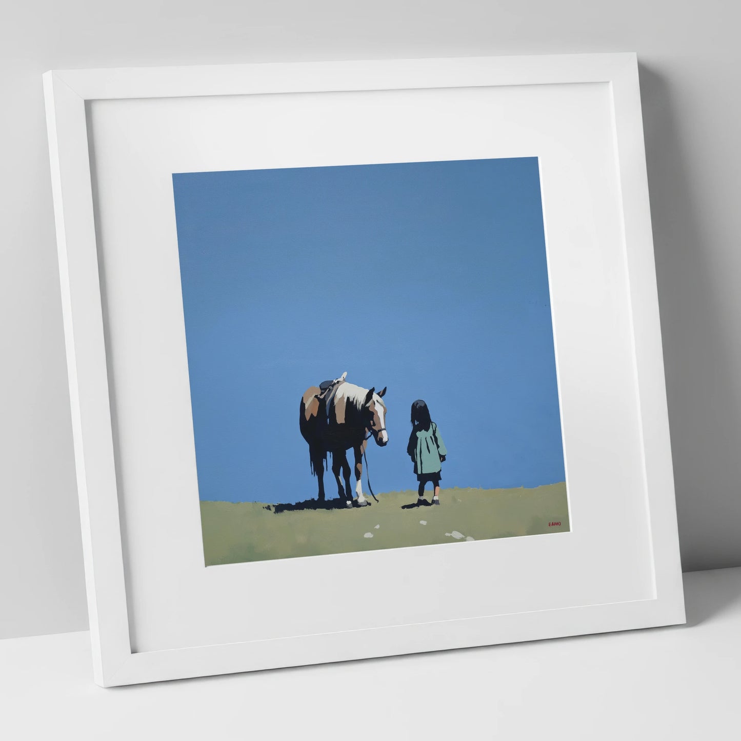 A Quiet Understanding horse & rider art print in white frame