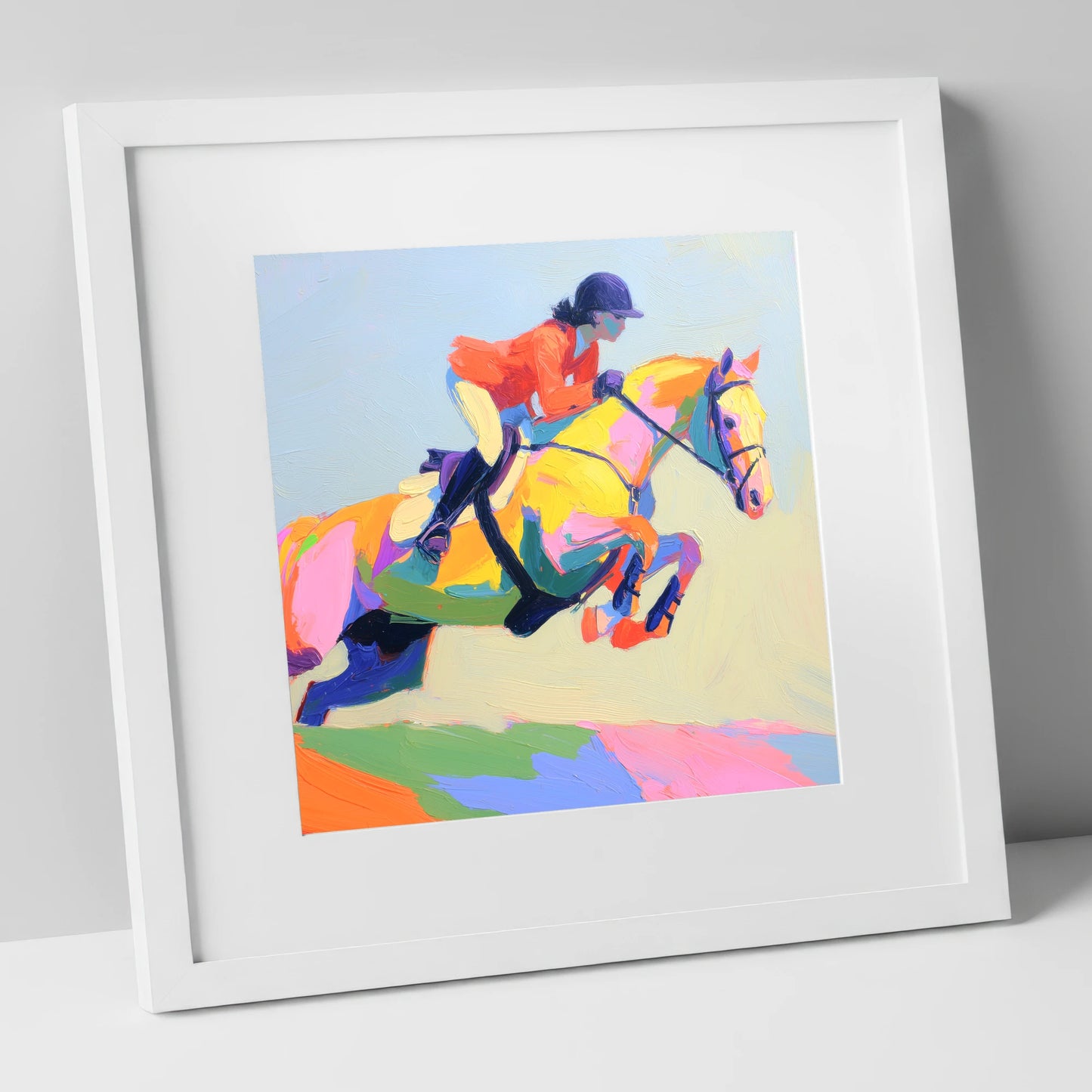 Chromatic Showjumper show jumping horse art print in white frame