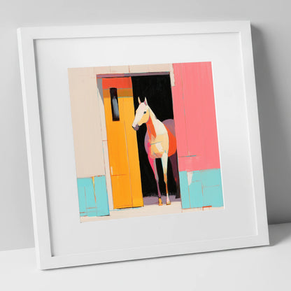 Vibrant Stable Doorway horse stable art print in white frame