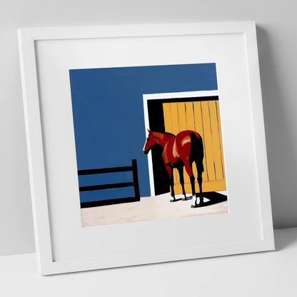 Chestnut at the Door horse stable art print in white frame
