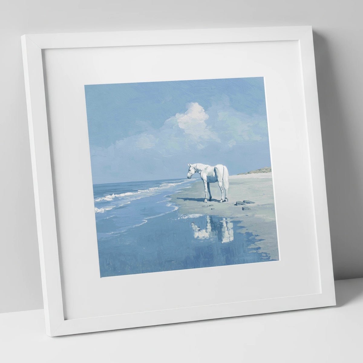 Reflections at Ebb Tide horse landscape art print in white frame