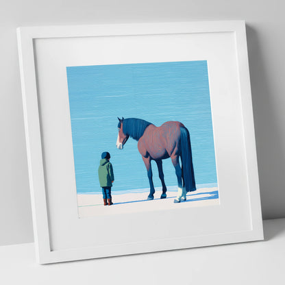 A Quiet Understanding horse & rider art print in white frame