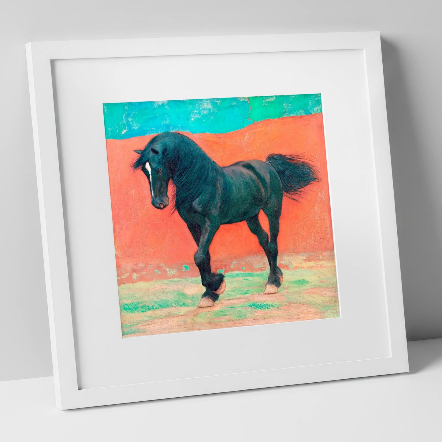 Bold Friesian Rhythm horse breed art print in white frame