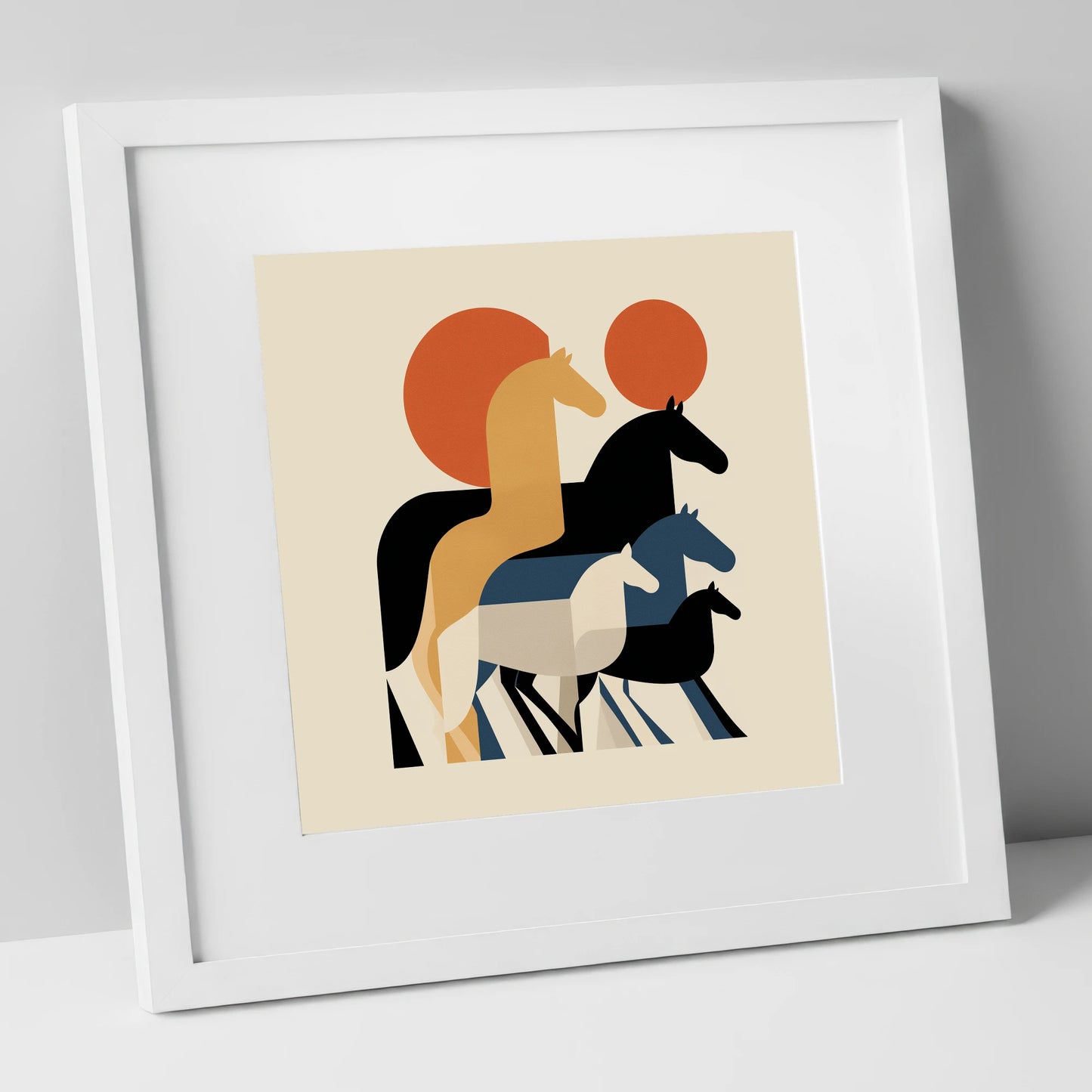 Geometric Sunrise Herd wild horses art print in white frame