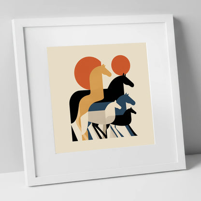 Geometric Sunrise Herd wild horses art print in white frame