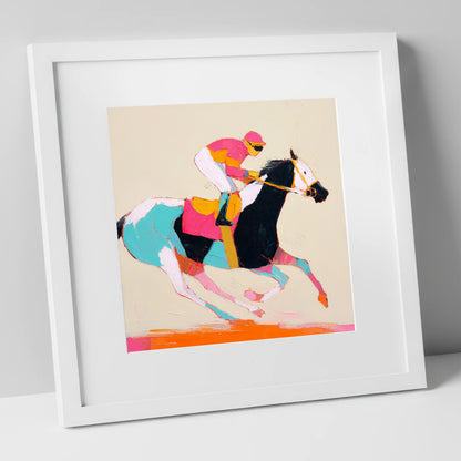 Technicolour Gallop racing horse art print in white frame