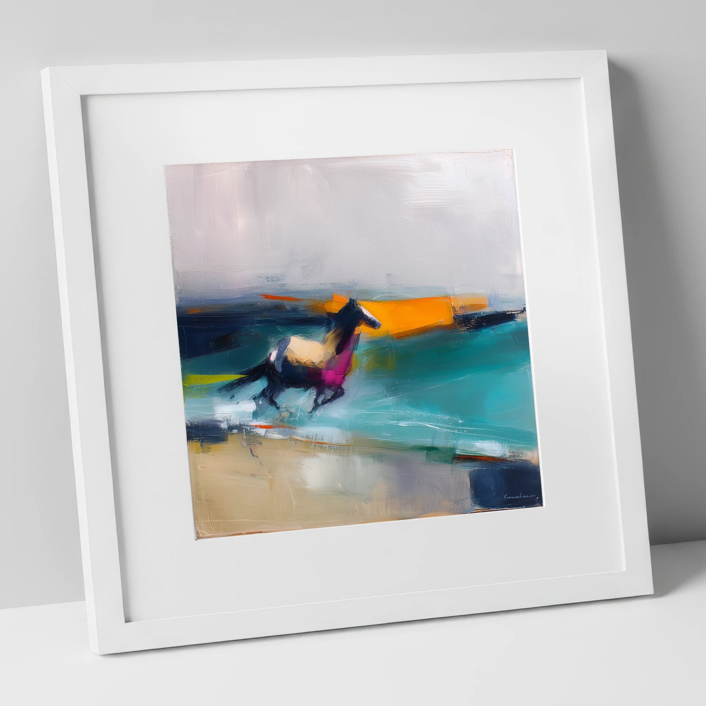Vivid Coastal Gallop beach horse art print in white frame