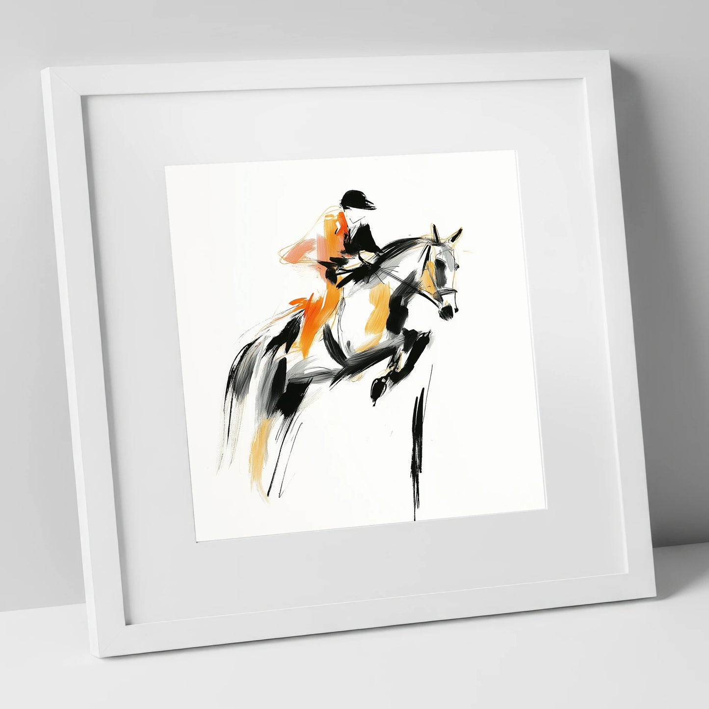 Amber Ascent show jumping horse art print in white frame