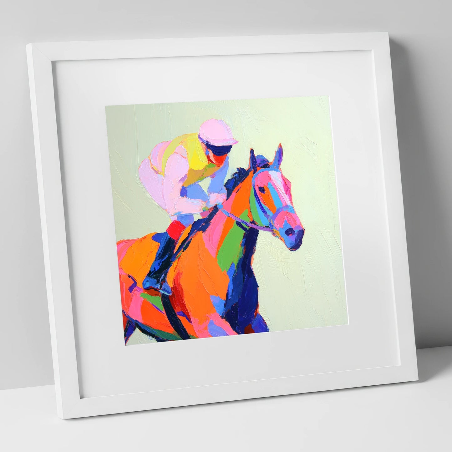 Vibrant Final Furlong racing horse art print in white frame