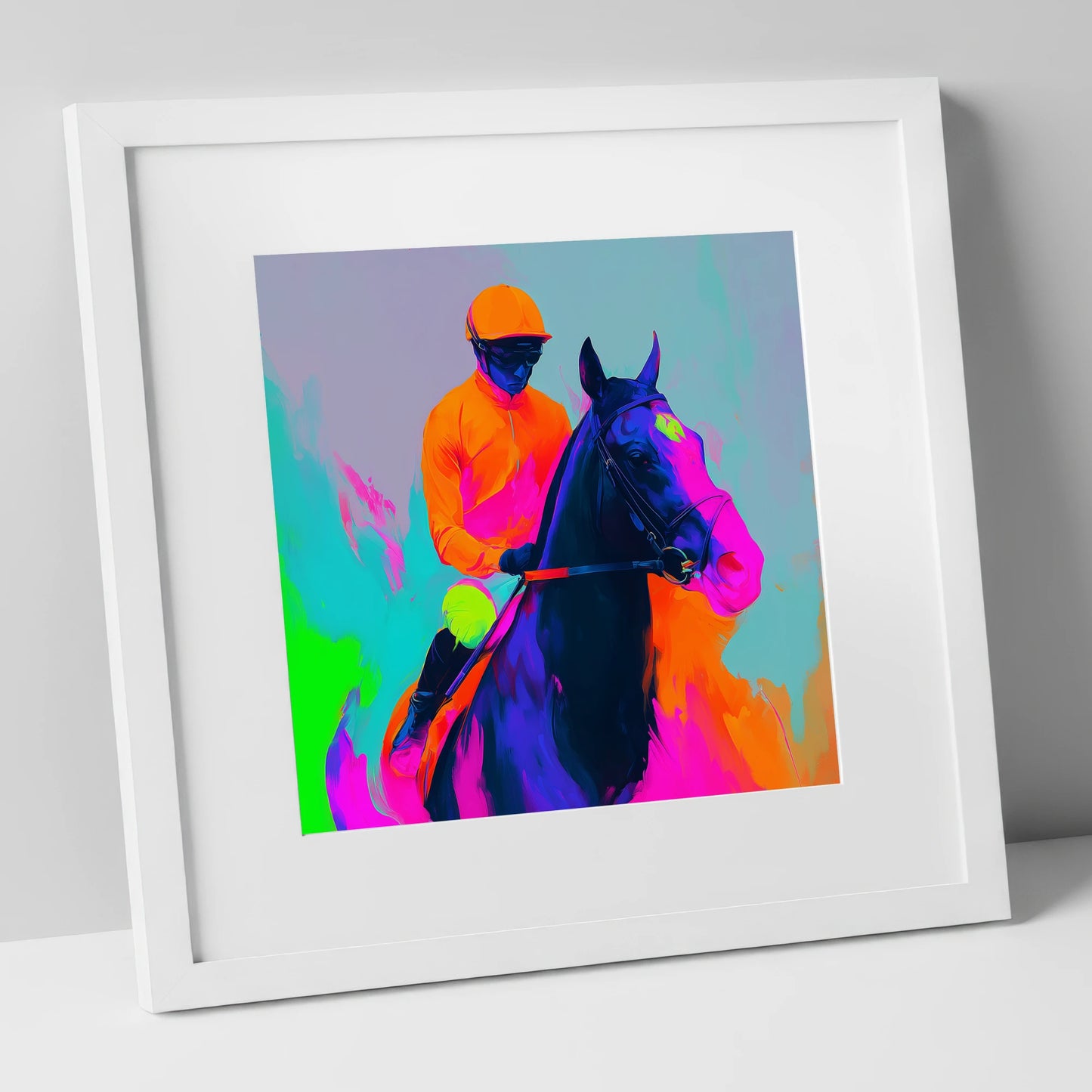 Technicolour Sprint racing horse art print in white frame