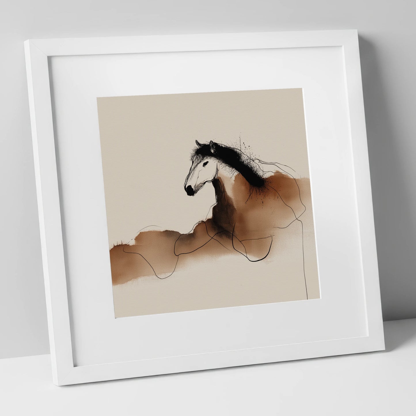 Fluid Sepia Profile horse portrait art print in white frame