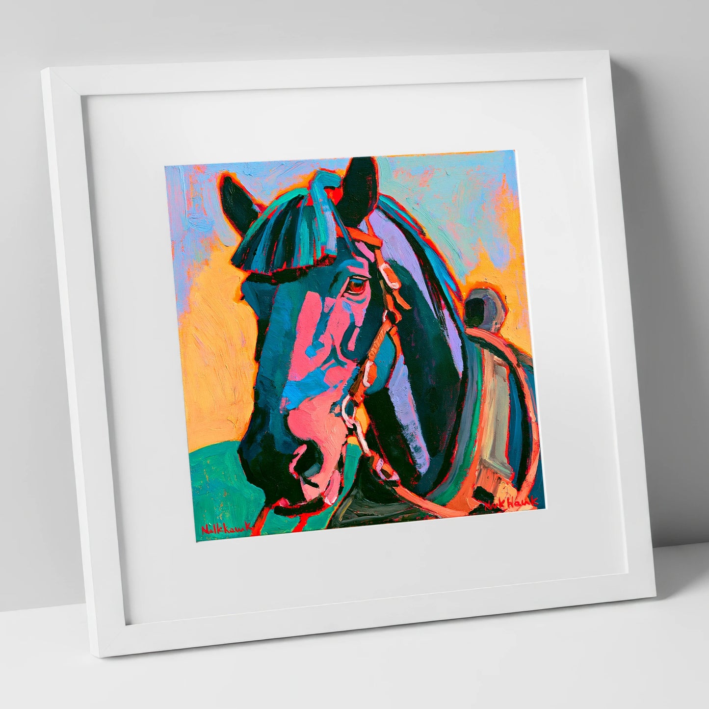 Colourful Expressionist Horse Portrait horse breed art print in white frame