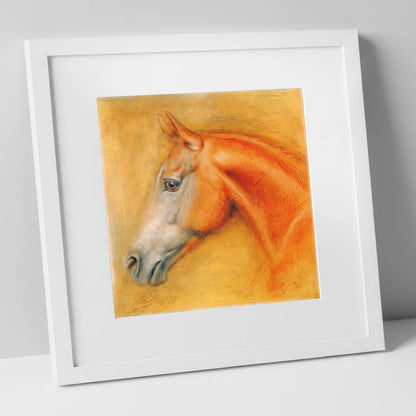Radiant Chestnut Profile racing horse art print in white frame