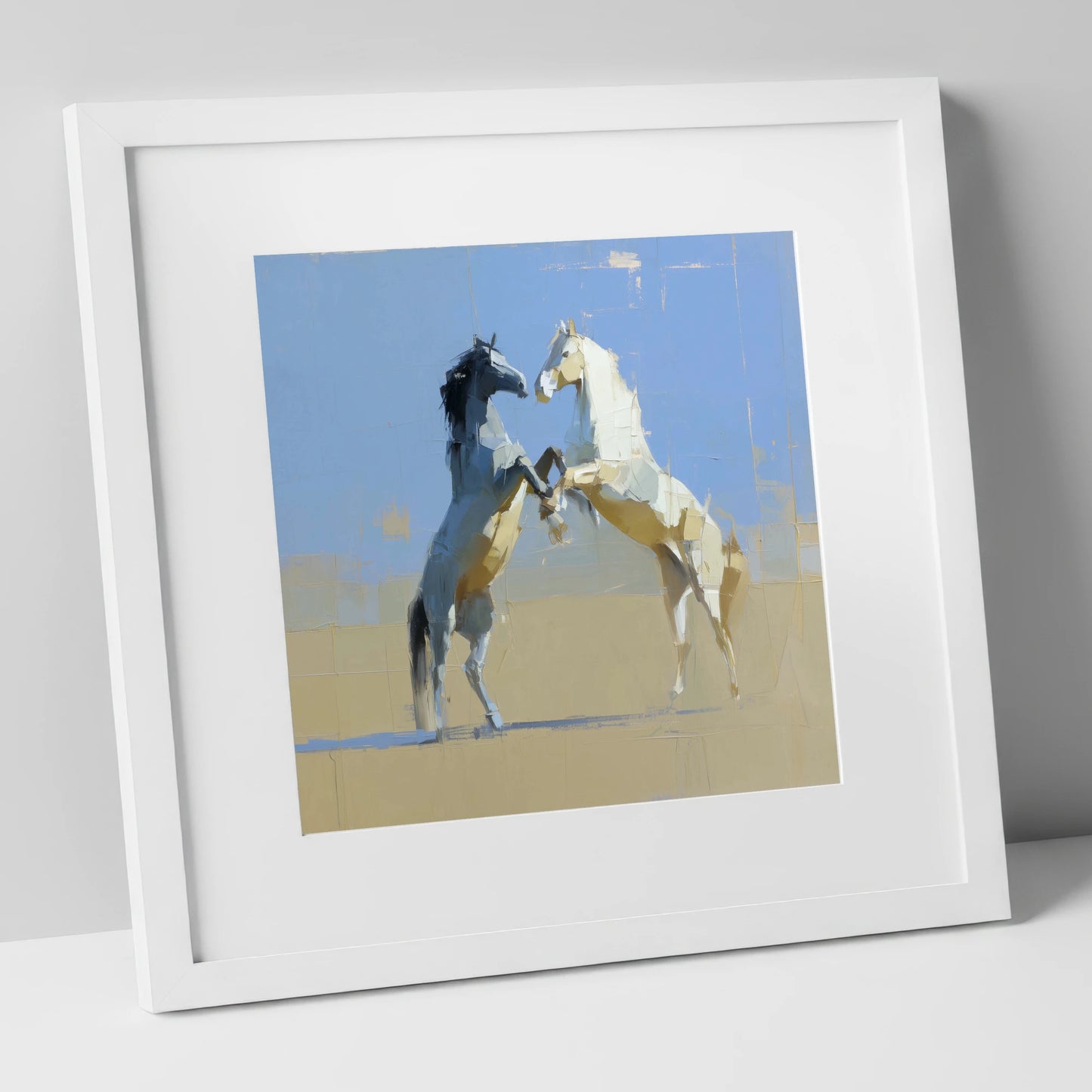 Sunlit Sparring wild horses art print in white frame
