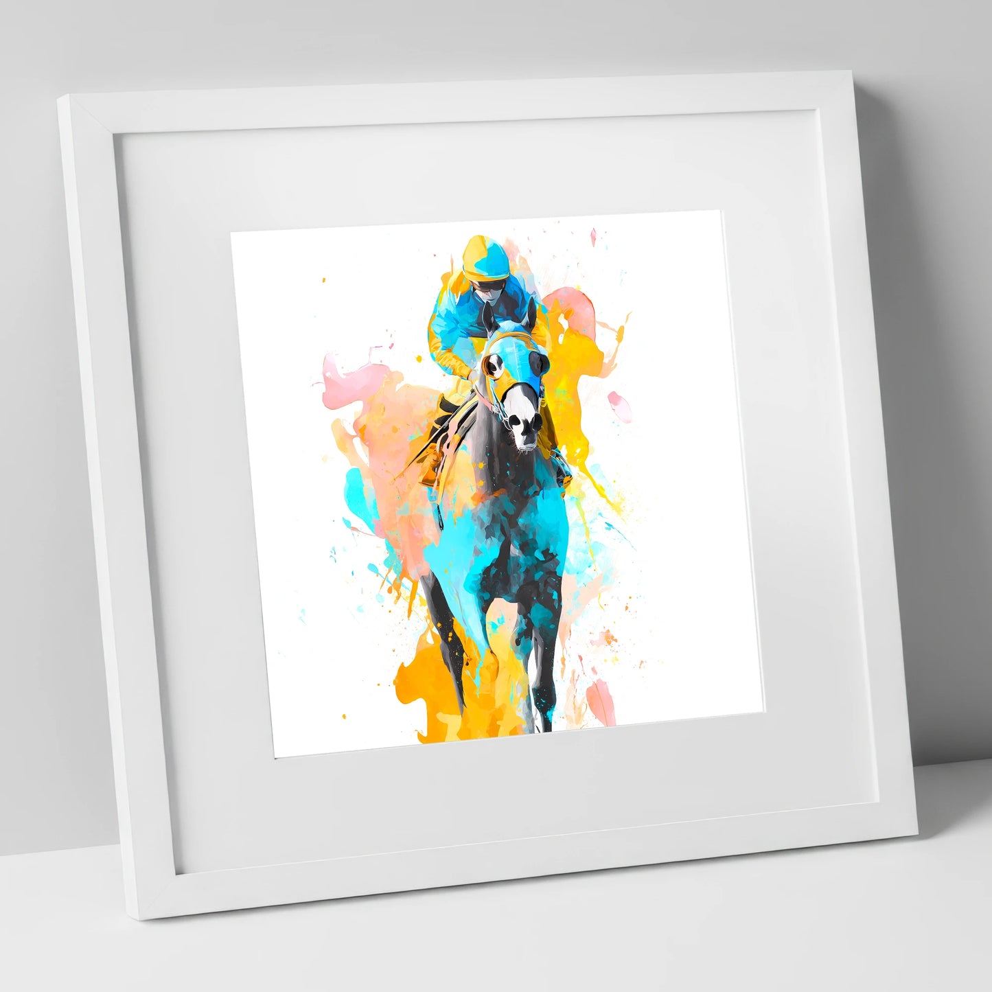 Vibrant Front Runner racing horse art print in white frame