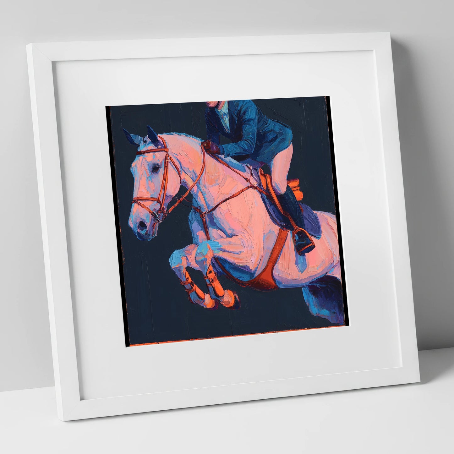 Vibrant Indigo Flight show jumping horse art print in white frame