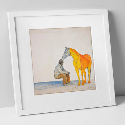 Silent Understanding horse & rider art print in white frame